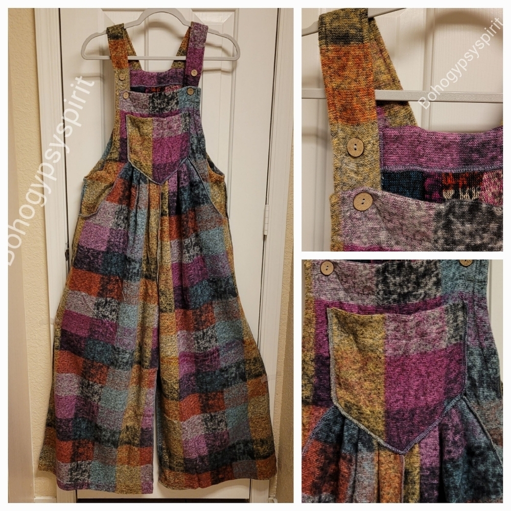 Patchwork Plaid Fleece Wideleg Jumpsuit Overalls - Picture 13 of 16